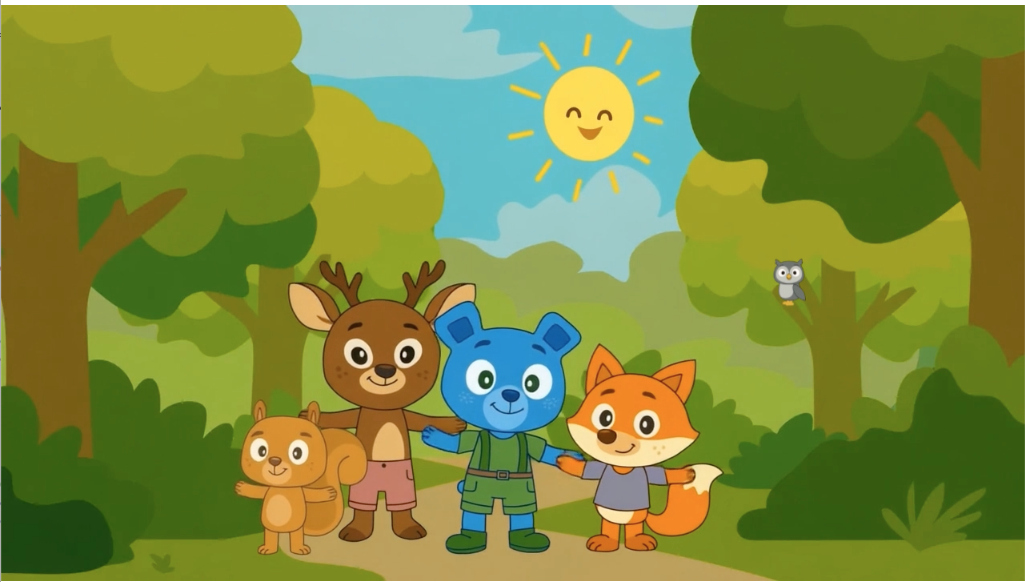 Halla Nalle ja kaverit - iloinen karhu, peura, kettu ja orava metsässä